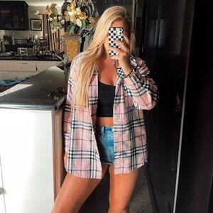 Pink black and white flannnel button up